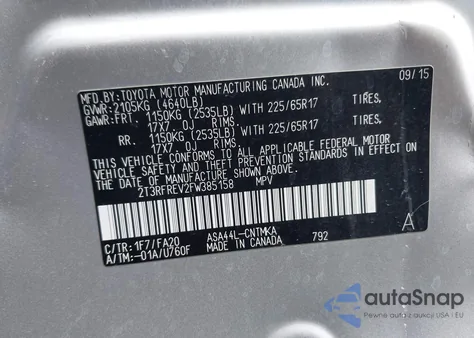 2015 Toyota Rav4 Xle from USA, damaged, VIN 2T3RFREV2FW385158